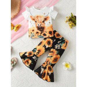 2pcs Adorable Toddler Girl's Cow & Sunflower Pattern Casual OutfIT